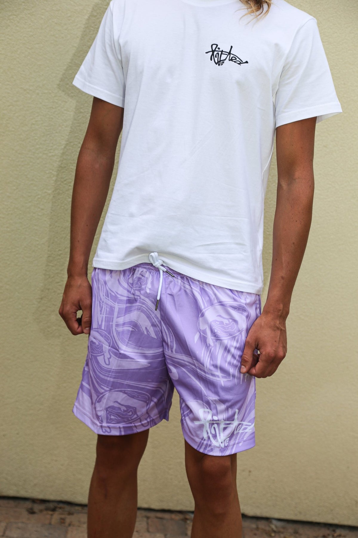 Lifted "Amethyst" Shorts flat lay illustration, amethyst purple swim shorts