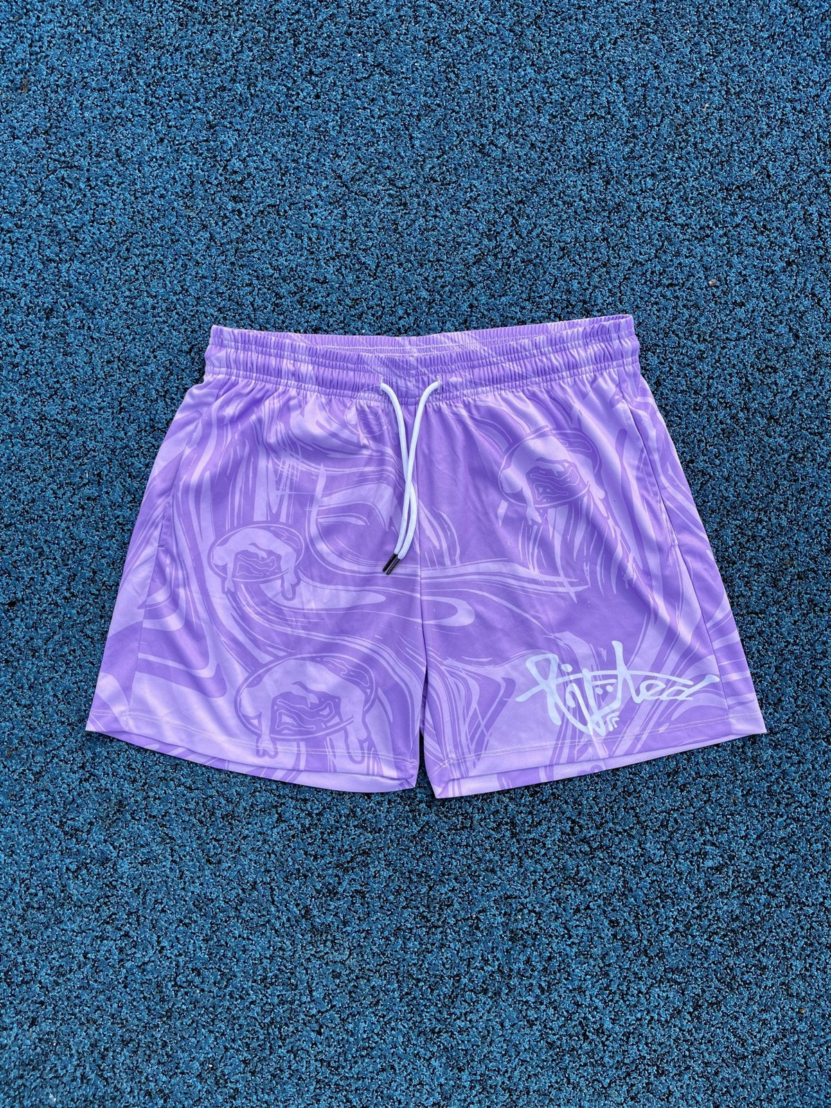 Lifted "Amethyst" Shorts close-up detail, amethyst purple swim shorts