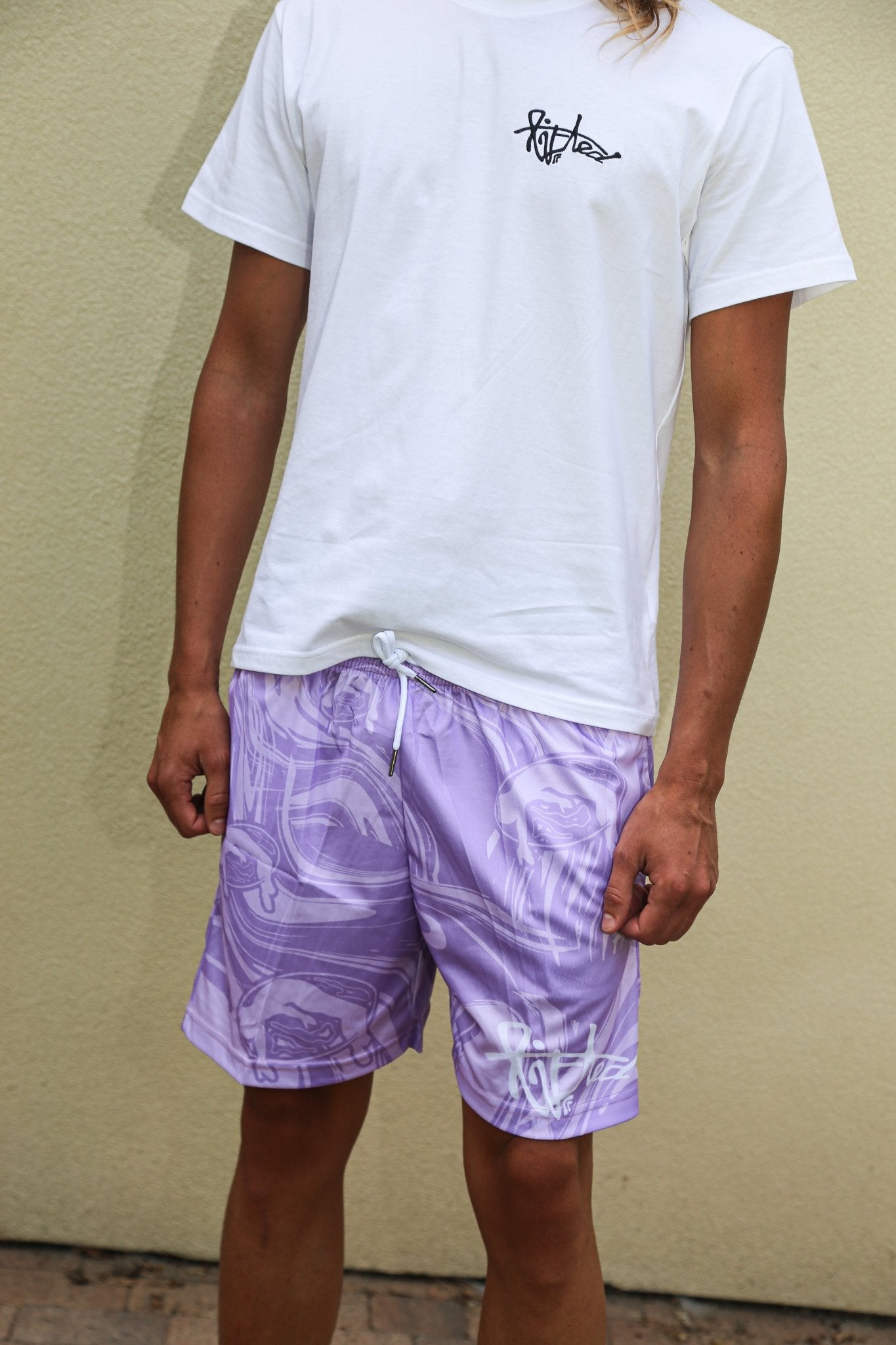 Lifted "Amethyst" Shorts flat lay illustration, amethyst purple swim shorts