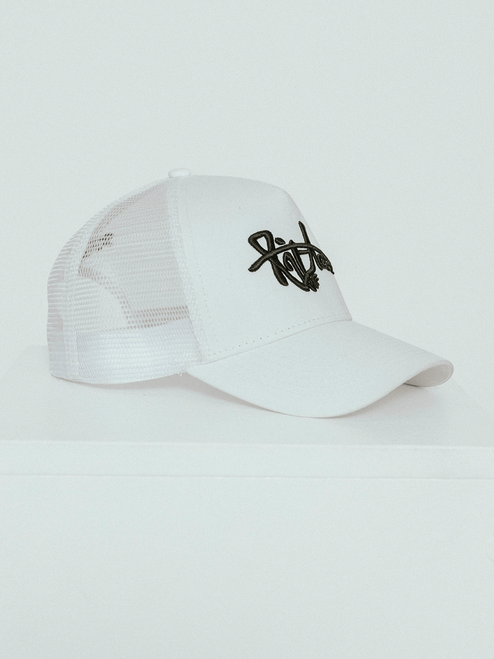 Lifted White Cap front view, cotton cap with 3D embroidered logo