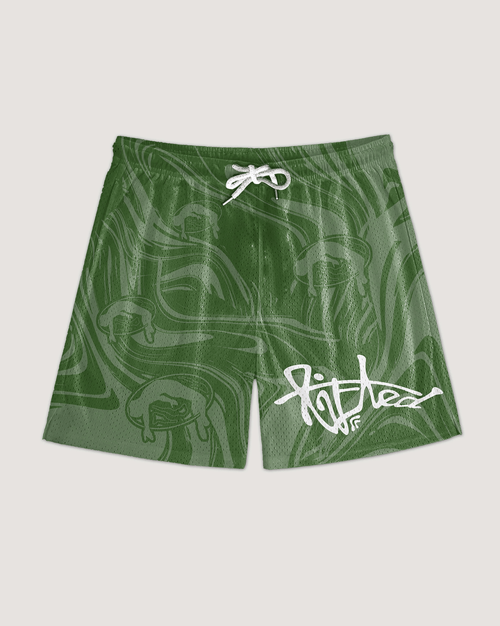 Lifted "Forest" Shorts front view, deep green swim shorts