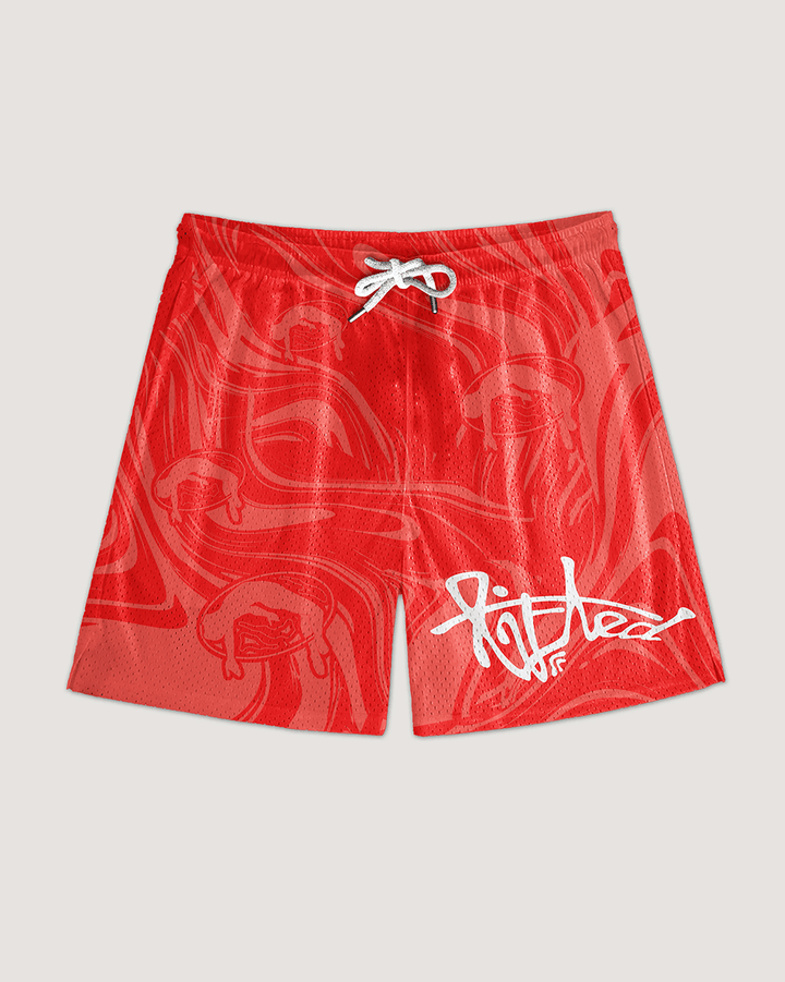 Lifted "Strawberry" Shorts front view, strawberry red swim shorts
