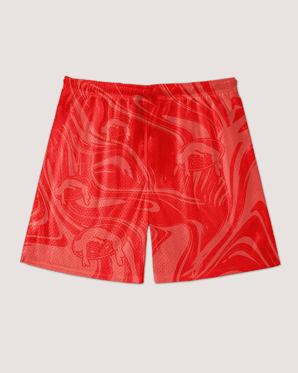 Lifted "Strawberry" Shorts side view, strawberry red swim shorts